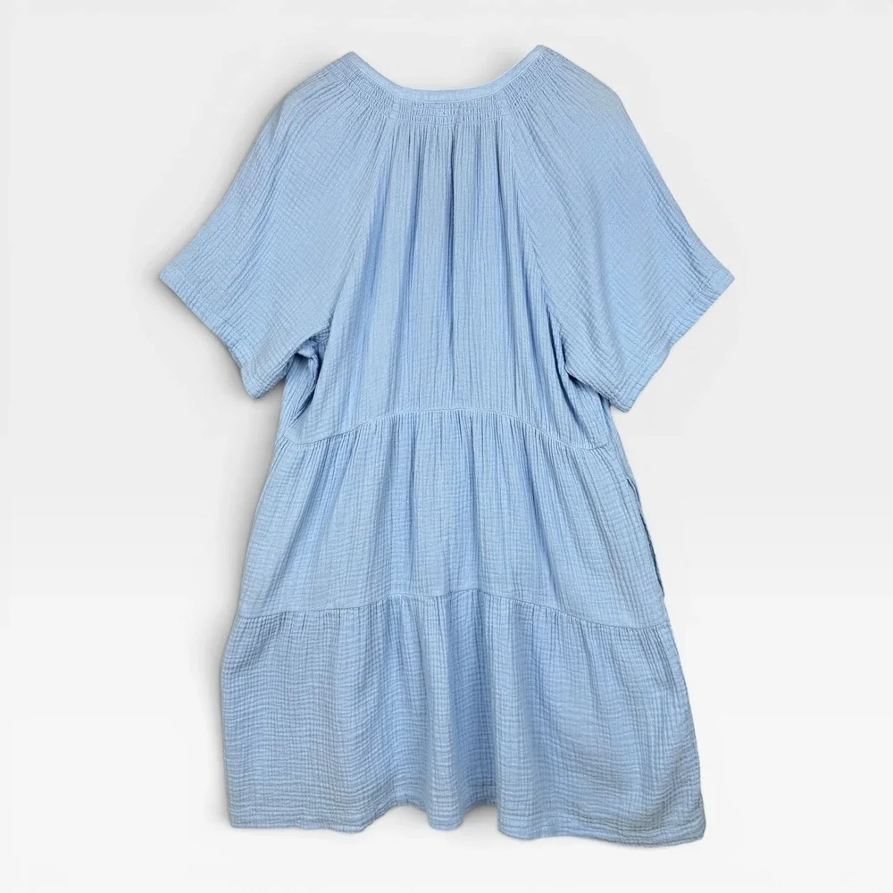 Gap Cotton Gauze Tiered Dress XL Light Blue Short Sleeve Mini V-Neck Coastal - Picture 2 of 9
